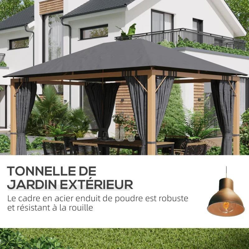 Tonnelle de jardin rectangulaire avec rideaux et toile de toit en polyester 4 x 3 m – Structure en aluminium