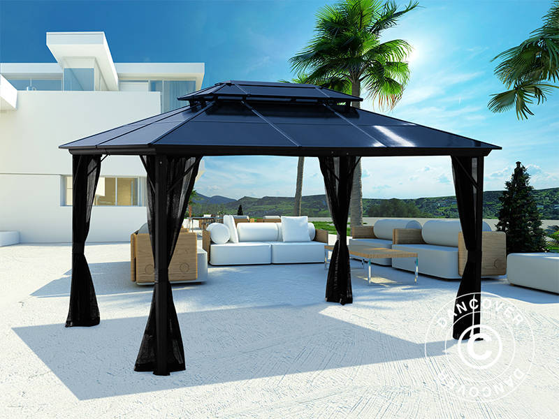 Tonnelle Santa Ana avec rideaux et moustiquaire, 3x4m, noir