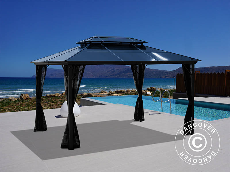 Tonnelle Santa Ana avec rideaux et moustiquaire, 3x4m, noir