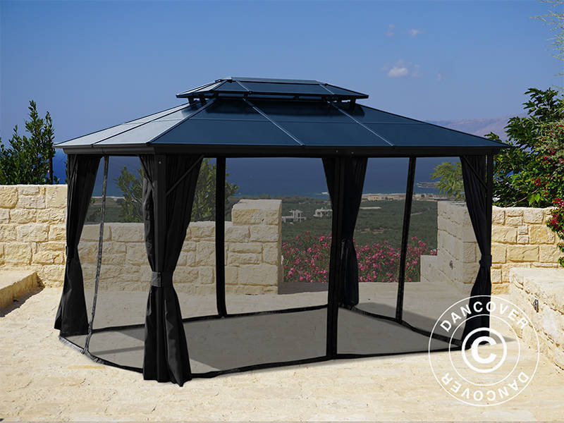 Tonnelle Santa Ana avec rideaux et moustiquaire, 3x4m, noir